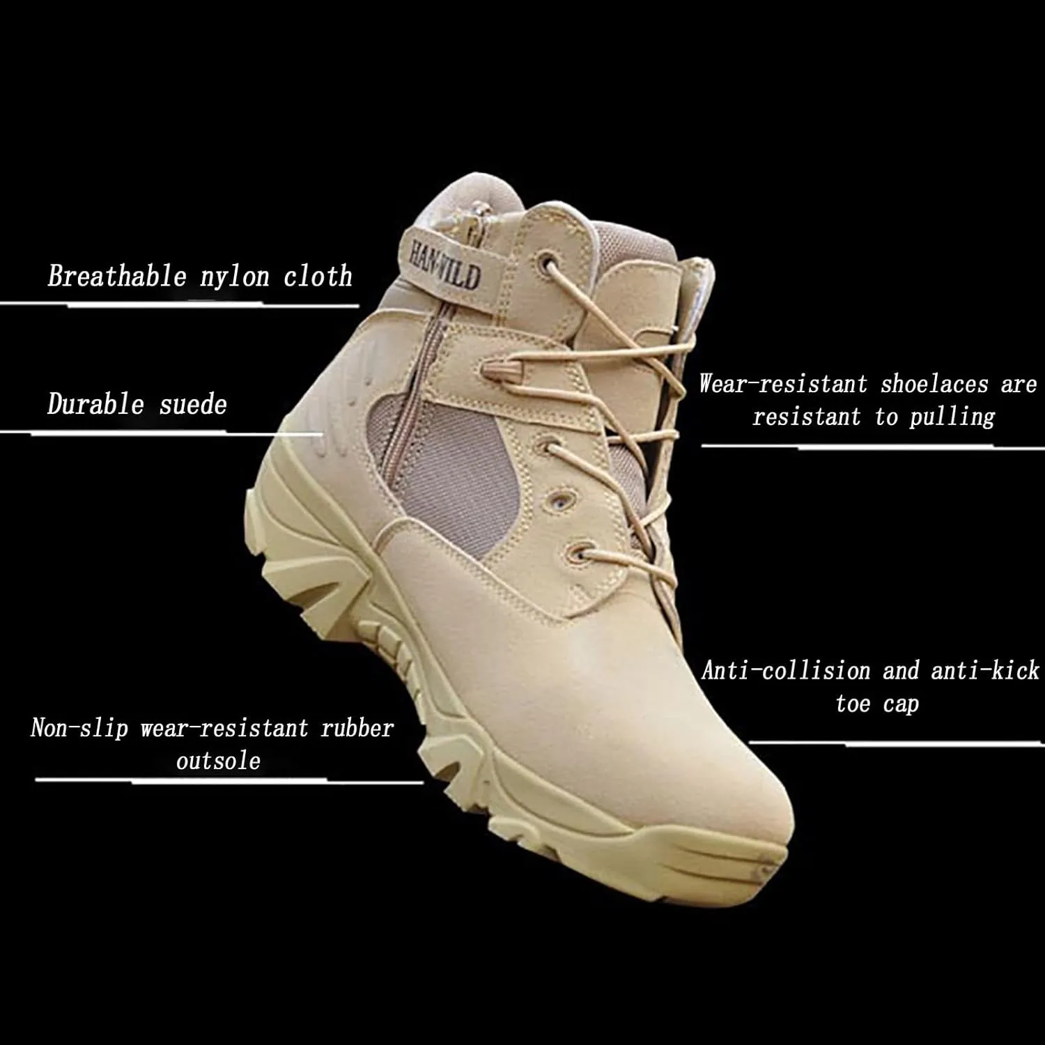 Men's Ultralight Tactical Military Boots, Comfort Breathable with Zipper Rubber Sole Hiking Shoes, Outdoor Lace-up Sports Durable Desert Combat Shoes